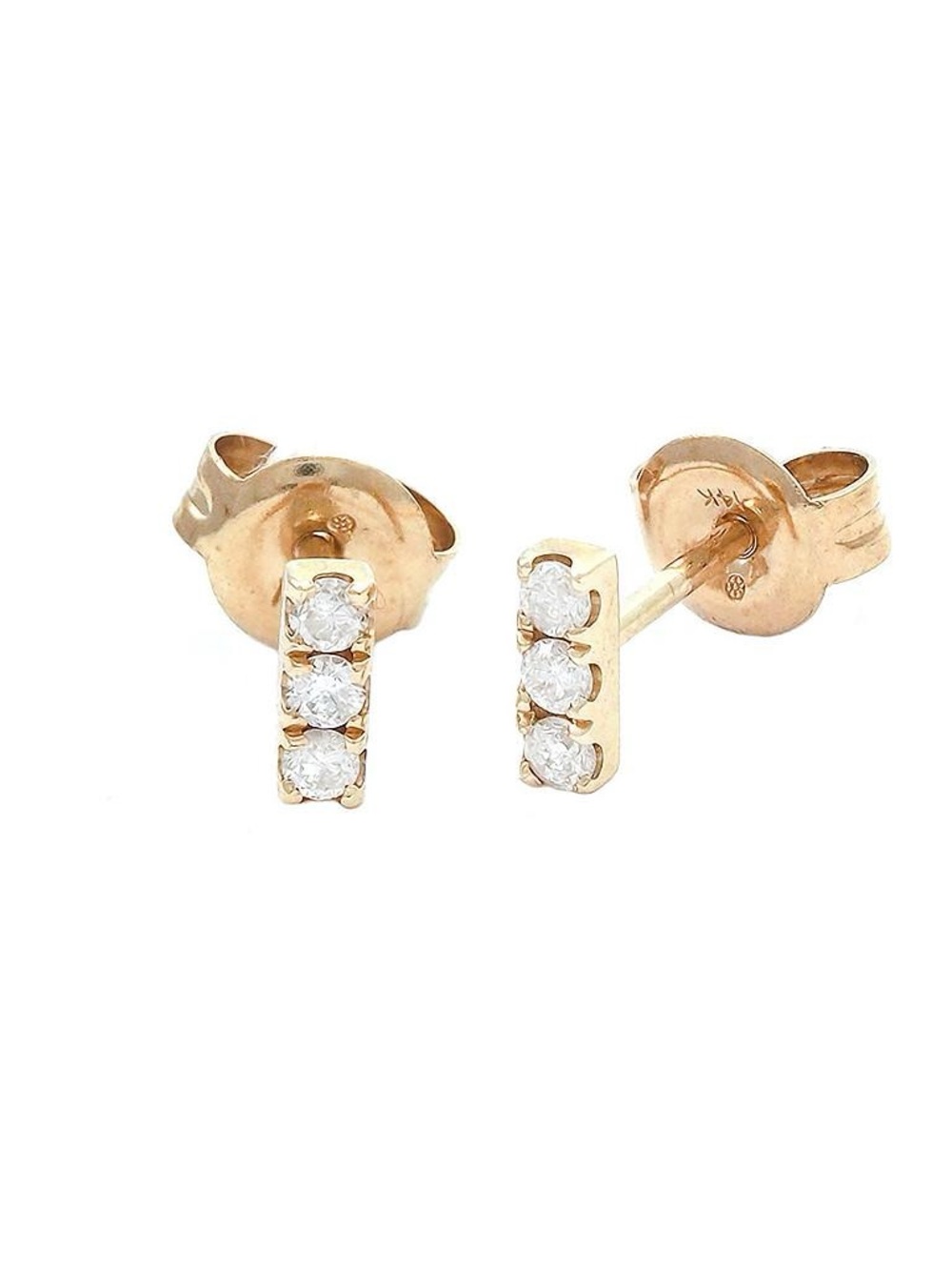 Solid Real Yellow Gold Prong Diamond Bar Stud Earrings 2x5mm